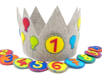 Couronne d’anniversaire avec 3 chiffres,Ballons,gris,100% feutre de cordon,réglable en taille,Anniversaire d’enfant,Couronne pour enfant anniversaire,Branlette
