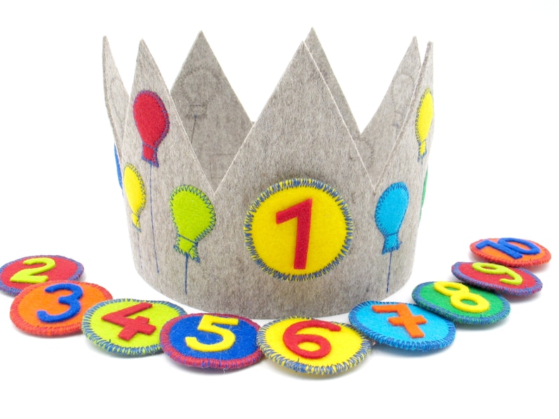 Birthday crown with 3 numbers,balloons,grey,100% new wool felt,adjustable in size,children's birthday party,crown for birthday child,handicraft image 1