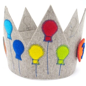 Birthday crown with 3 numbers,balloons,grey,100% new wool felt,adjustable in size,children's birthday party,crown for birthday child,handicraft image 2