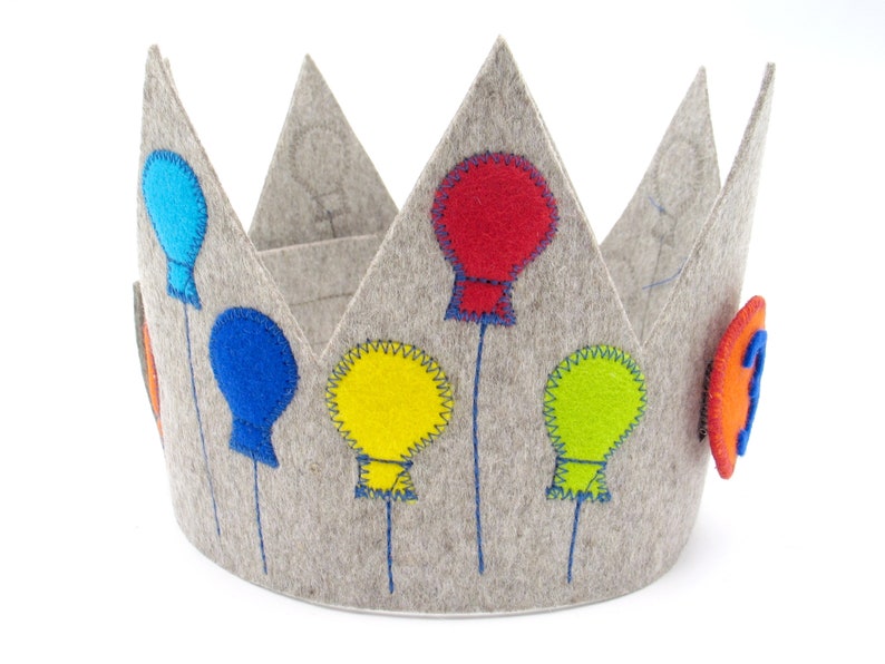 Birthday crown with 3 numbers,balloons,grey,100% new wool felt,adjustable in size,children's birthday party,crown for birthday child,handicraft image 2