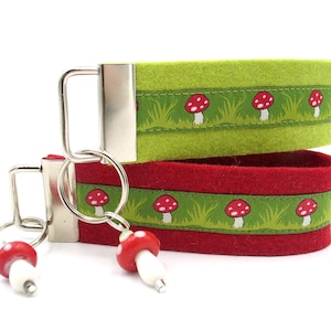 Lanyard,keychain,keyring,felt,keyband green,red,fly fungus,mushrooms,keyband,pendant,gift,felt band image 1