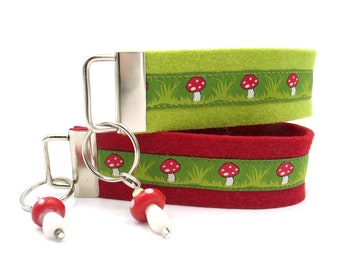 Lanyard,keychain,keyring,felt,keyband green,red,fly fungus,mushrooms,keyband,pendant,gift,felt band