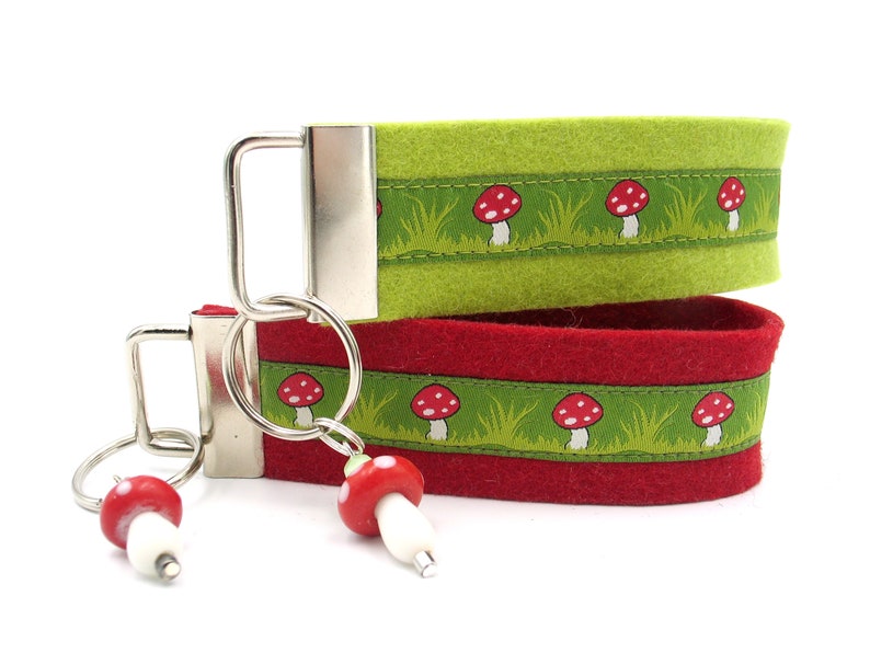 Lanyard,keychain,keyring,felt,keyband green,red,fly fungus,mushrooms,keyband,pendant,gift,felt band image 1