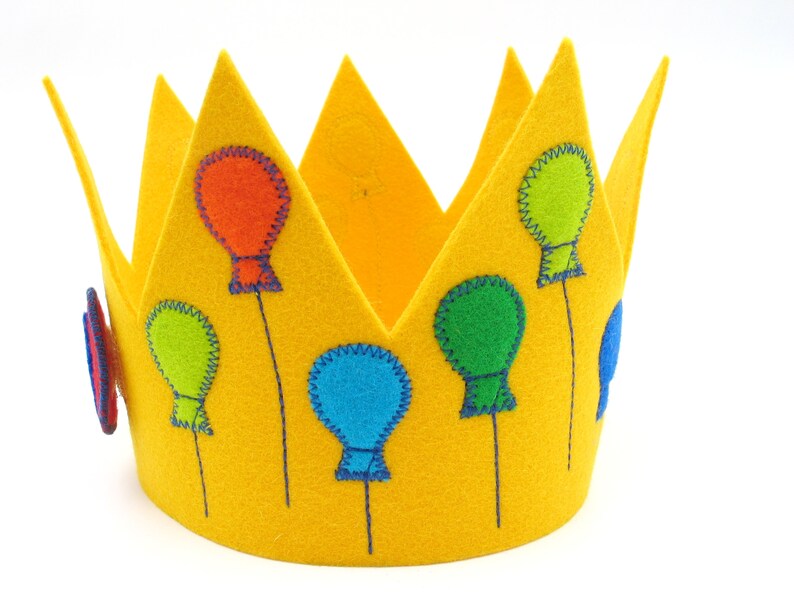 Geburtstagskrone mit 3 Zahlen,Luftballons,gelb,100% Schurwollfilz,größenverstellbar,Kindergeburtstag,Krone für Geburtstagskind,Handarbeit Bild 2