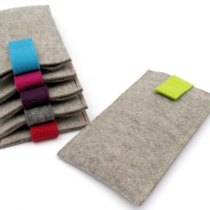 Custodia per cellulare, misura personalizzata, feltro di lana vergine 100%, grigio chiaro, realizzata su misura, cucita a mano, dimensioni in base al modello del telefono, colore a scelta, chiusura in velcro