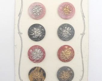 8 glass buttons from Gablonz, antique buttons, collector's items, on sample card, vintage, diameter 27 mm