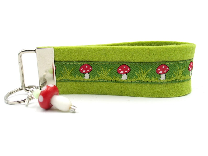 Lanyard,keychain,keyring,felt,keyband green,red,fly fungus,mushrooms,keyband,pendant,gift,felt band Green