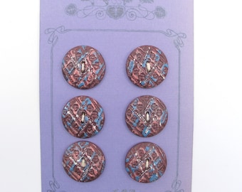 6 glass buttons from Gablonz, antique buttons, collector's items, on sample card, vintage, diameter 27 mm