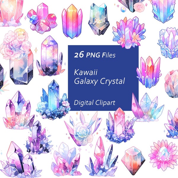 Kawaii Galaxy Crystal Clipart Set - Whimsical Galaxy - Crystal Art - Instant Download PNG, Commercial Use, Printable Design Element
