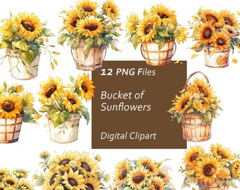 Bucket of Sunflowers Clipart Set - Sunflower Bucket - Floral Decor - Instant Download PNG, Commercial Use, Printable Design Element