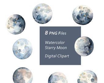 Watercolor Starry Moon Clipart Set - Cosmic Clipart - Instant Download PNG, Commercial Use, Printable Design Element