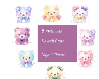 Kawaii Bear Clipart Set - Animal Illustration - Instant Download PNG, Commercial Use, Printable Design Element