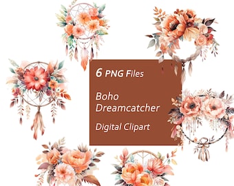 Boho Dreamcatcher Clipart Set - Floral Illustration - Instant Download PNG, Commercial Use, Printable Design Element