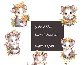 Kawaii Possum Clipart Set - Cartoon Animal - Instant Download PNG, Commercial Use, Printable Design Element