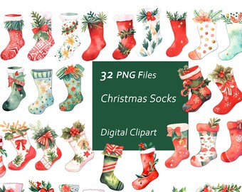 May include: A collection of watercolor Christmas socks in various designs. The socks are red, green, and white, decorated with holly, bows, and snowflakes. The image includes the text "32 PNG Files Christmas Socks Digital Clipart."