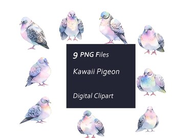 Kawaii Pigeon Clipart Set - Animal Illustration - Instant Download PNG, Commercial Use, Printable Design Element