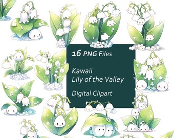 Kawaii Bear & Lily of the Valley Clipart Stickers (PNG Digital Download