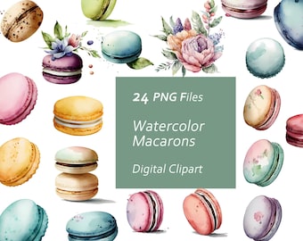 Ensemble de cliparts macaron aquarelle – 24 fichiers PNG (téléchargement numérique)