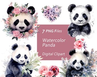 Watercolor Panda Clipart Set – Floral PNG Images (Digital Download)