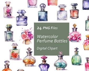 Watercolor Perfume Bottles Clipart – 24 PNG Graphics (Digital Download)