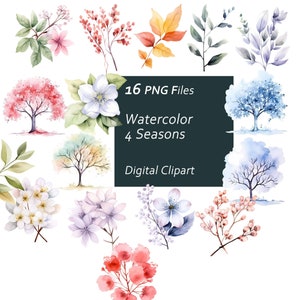 Watercolor 4 Seasons Clipart Set - Seasonal Illustrations - Nature Graphics - Instant Download PNG, Commercial Use, Printable Design Element