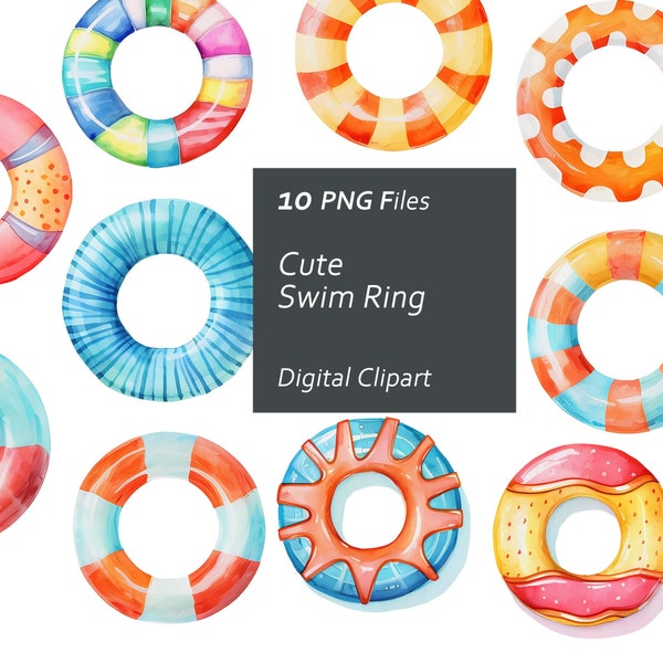 Cute Swim Ring Clipart Set - Cute Pool Accessories - Summer Time - Instant Download PNG, Commercial Use, Printable Design Element