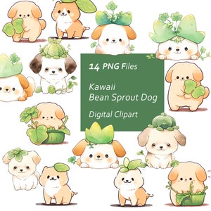 Kawaii Bean Sprout Dog Clipart Set - Cartoon Animal - Instant Download PNG, Commercial Use, Printable Design Element