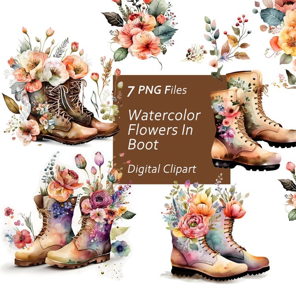 Watercolor Flowers In Boot Clipart Set - Boot Flower Graphics - Instant Download PNG, Commercial Use, Printable Design Element