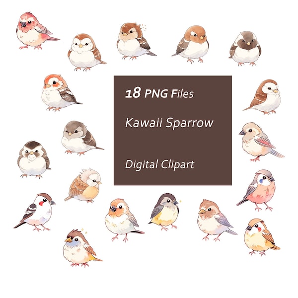 Kawaii Sparrow Clipart Set - Animal Illustration - Instant Download PNG, Commercial Use, Printable Design Element