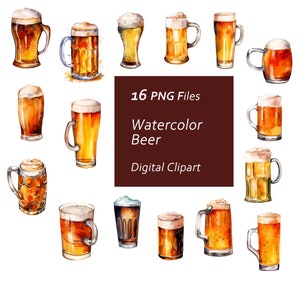 Watercolor Beer Clipart Set – Beverage Illustrations, Commercial Use (PNG Files)