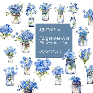 Forget-Me-Not Flower in a Jar Clipart Set - Flower Graphics - Flower Set - Instant Download PNG, Commercial Use, Printable Design Element