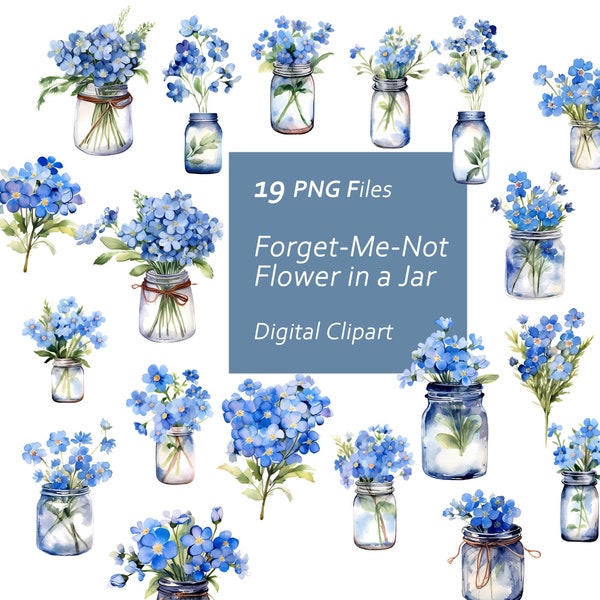 Forget-Me-Not Flower in a Jar Clipart Set - Flower Graphics - Flower Set - Téléchargement instantané PNG, Utilisation commerciale, Élément de conception imprimable