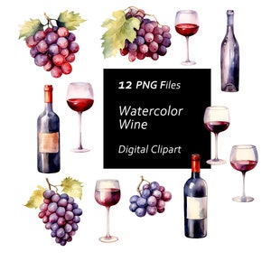 Watercolor Wine Clipart Set - Wine Bottles Clipart - Watercolor Grapes - Instant Download PNG, Commercial Use, Printable Design Element