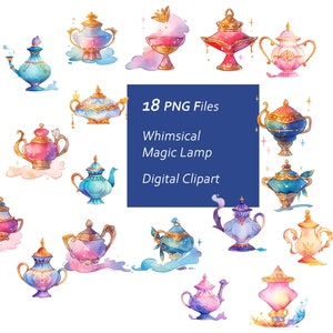 Pode incluir: 18 imagens de clipart de lâmpada mágica caprichosa em formato PNG. As lâmpadas são de várias cores e designs, incluindo azul, rosa, dourado e roxo. Algumas lâmpadas têm um gênio que sai delas.
