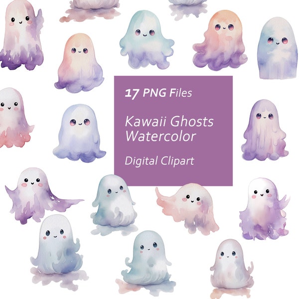 Kawaii Ghosts Watercolor Clipart Set - Cute Ghosts - Halloween Clipart - Instant Download PNG, Commercial Use, Printable Design Element