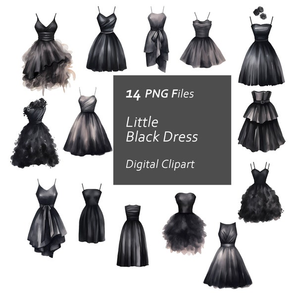 Little Black Dress Clipart Set - Watercolor Dresses - Black Dress Set - Instant Download PNG, Commercial Use, Printable Design Element