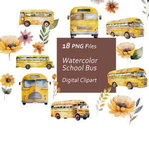Watercolor School Bus Clipart Set - Back to School Clipart - Whimsical Bus - Instant Download PNG, Commercial Use, Printable Design Element