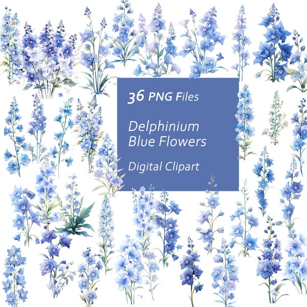 Delphinium Blue Flowers Clipart Set - Blue Blooms - Delphiniums Bouquet - Instant Download PNG, Commercial Use, Printable Design Element