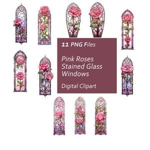 Conjunto de clipart de janelas de vitral de rosas cor de rosa - Janelas caprichosas - download instantâneo PNG, uso comercial, elemento de design para impressão
