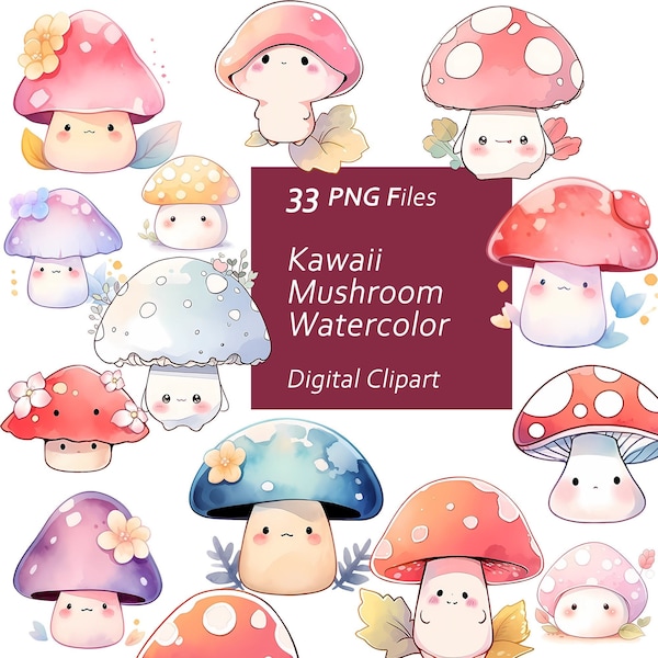 Cute Mushroom Watercolor Clipart Set - Kawaii Mushroom - Adorable Fungi - Instant Download PNG, Commercial Use, Printable Design Element