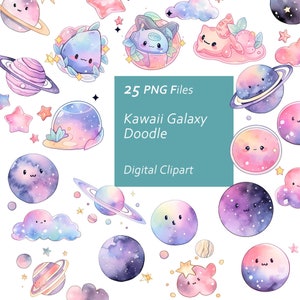 Kawaii Galaxy Doodle Clipart Set - Whimsical Doodles - Cute Space Doodles - Descarga instantánea PNG, uso comercial, elemento de diseño imprimible