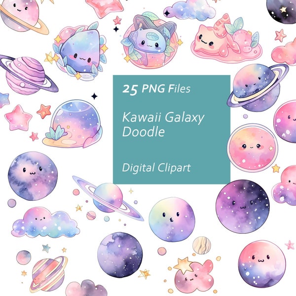 Kawaii Galaxy Doodle Clipart Set - Whimsical Doodles - Cute Space Doodles - Instant Download PNG, Commercial Use, Printable Design Element