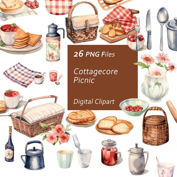 Cottagecore Picnic Clipart Set - Picnic Illustrations - Instant Download PNG, Commercial Use, Printable Design Element