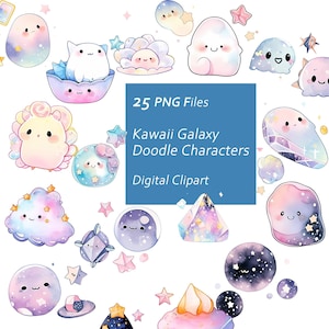 Kawaii Galaxy Doodle Character Clipart Set - Whimsical Doodle Characters - Instant Download PNG, Commercial Use, Printable Design Element