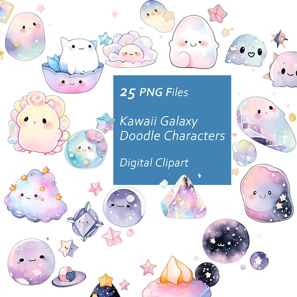 Kawaii Galaxy Doodle Character Clipart Set - Whimsical Doodle Characters - Instant Download PNG, Commercial Use, Printable Design Element