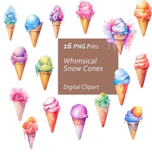 Whimsical Snow Cones Clipart Set - Ice Cream Graphics - Frozen Treats - Instant Download PNG, Commercial Use, Printable Design Element