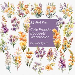 Watercolor Freesia Bouquets Clipart Set - Bouquet Clipart - Freesia Prints - Instant Download PNG, Commercial Use, Printable Design Element
