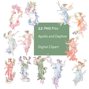 Apollo i Daphne Clipart Set - Greccy Bogowie - Natychmiastowe Pobieranie PNG, Użytek Komercyjny, Element Projektu Do Wydruku