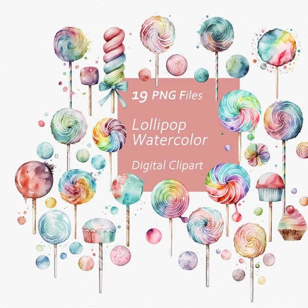 Whimsical Lollipop Watercolor Clipart Set - Candy Graphics - Cake Pops - Instant Download PNG, Commercial Use, Printable Design Element