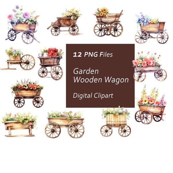 Garden Wooden Wagon Clipart Set - Garden Cart - Botanical Vibes - Instant Download PNG, Commercial Use, Printable Design Element